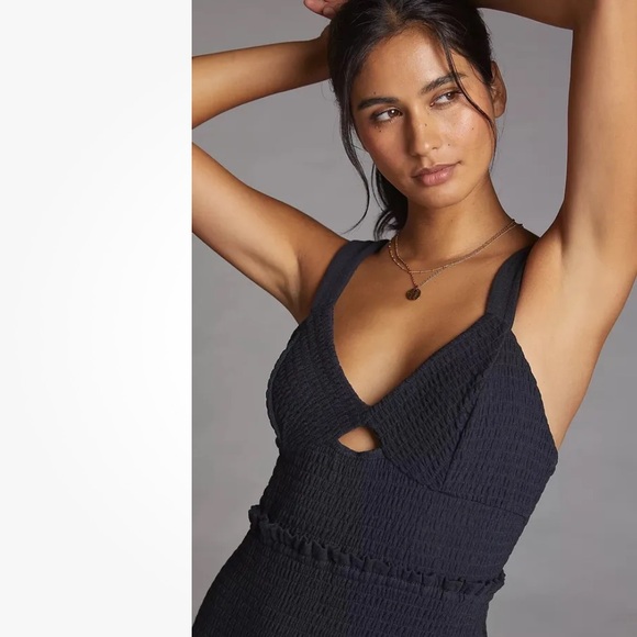 NEW Anthropologie Smocked Bodice Tiered Cut Out Maxi Dress black Small - Picture 3 of 5